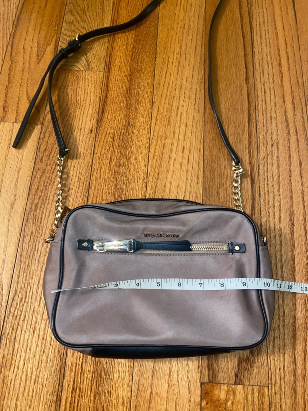 Michael Kors Satin Taupe Crossbody with Black Strap and Gold Chain